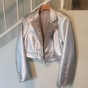 Silver Women's Jacket with Faux Fur Lining